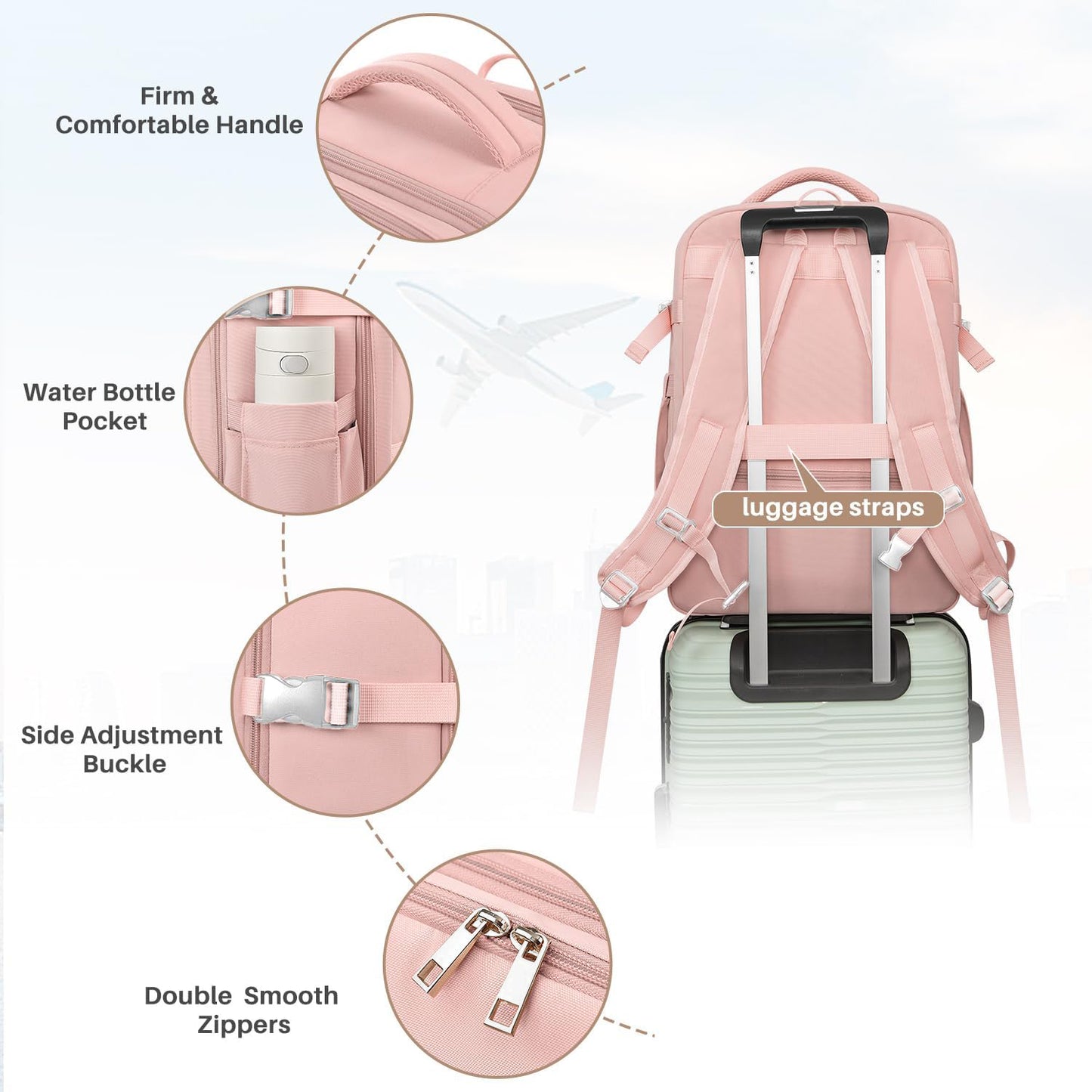 Fashion Backpack For Women And Men, Flight Approved Carry On Backpack, Water Resistant Large Casual Daypack Fit 17 Inch Laptop with USB Charging Port, The Best Gift Choice For Christmas, Pink