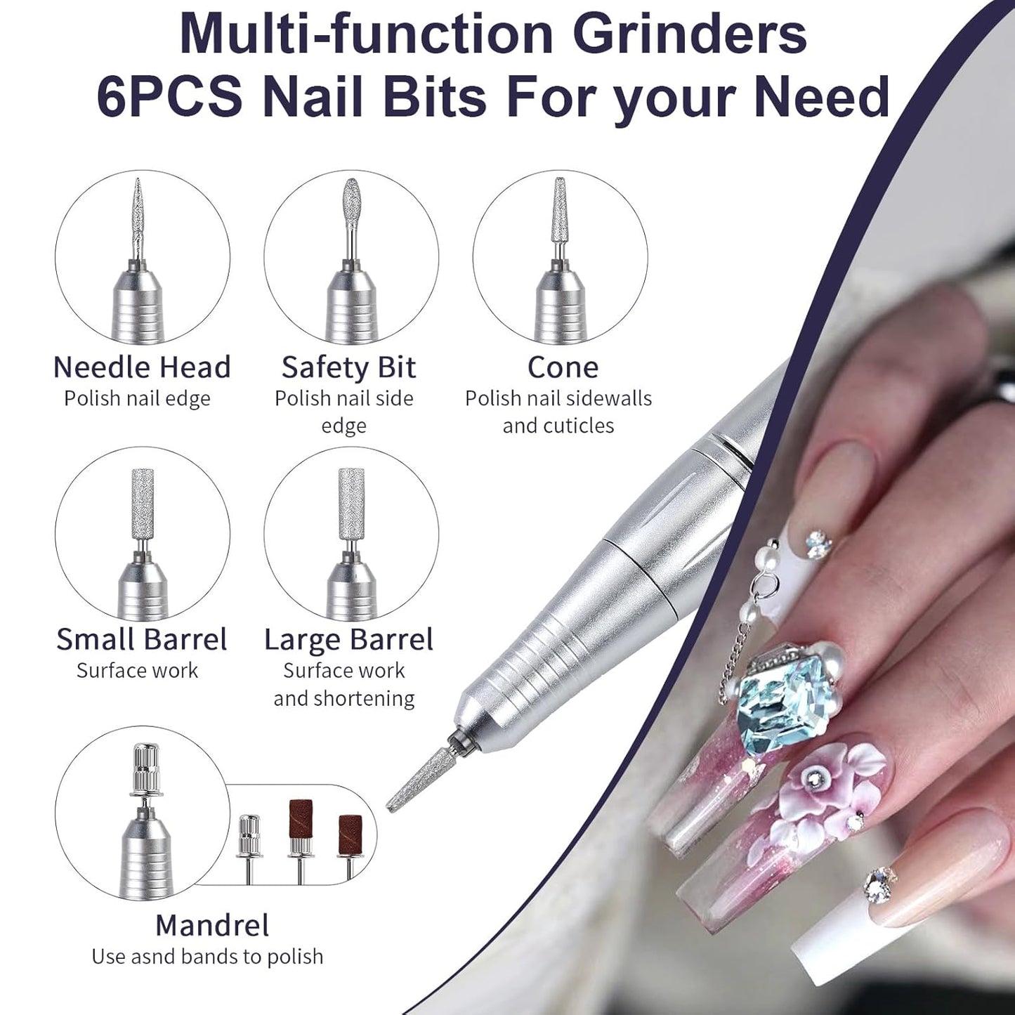 IDFINE Electric Nail Drill Professional 45000RPM, Rechargeable Nail Drill Kit Portable Electric Nail File for Acrylic Nails Gel Polishing Removing Nail Drill Machine for Manicure Salon Home, White