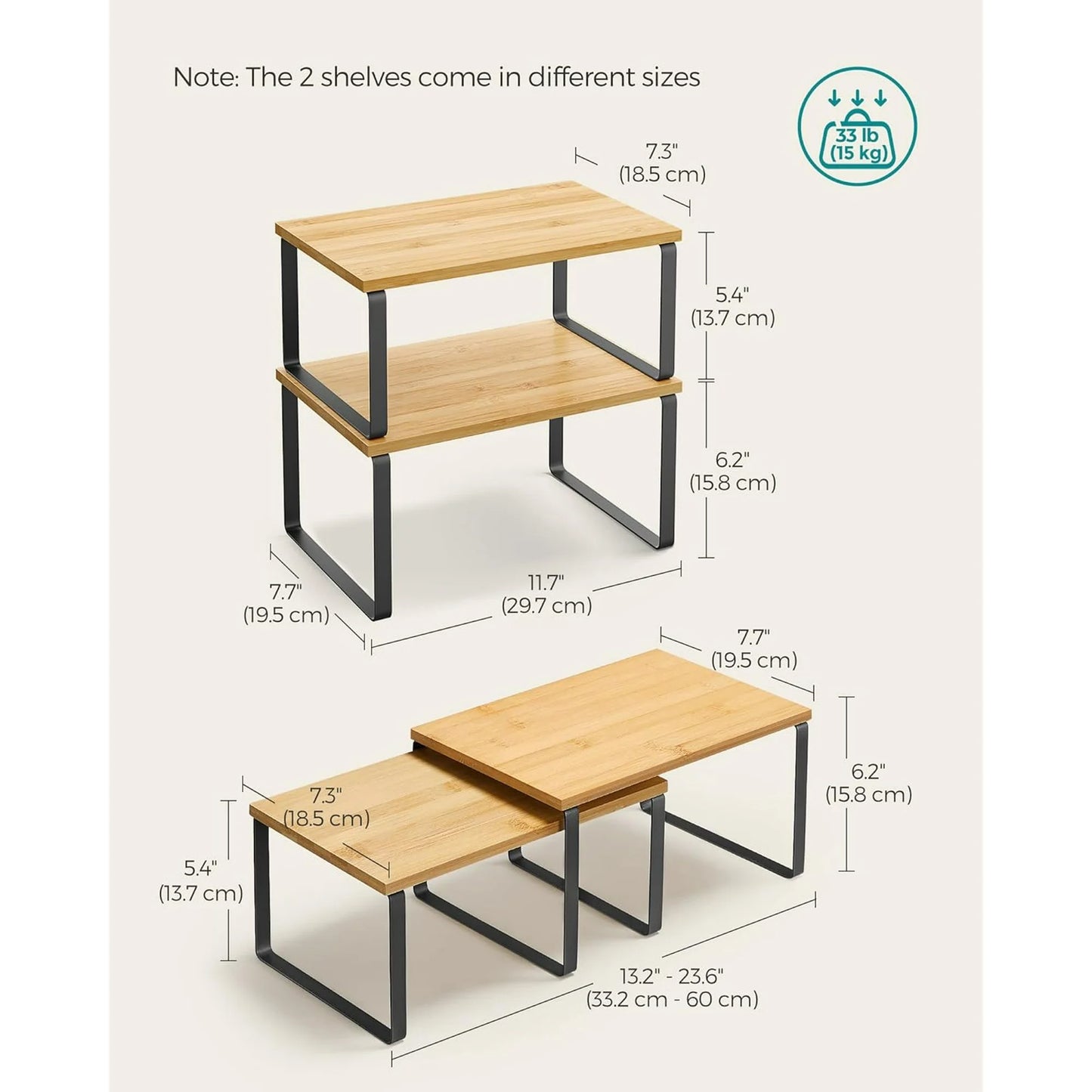 Cabinet Shelf Organizer, Extendable Countertop Shelves Set of 2, Kitchen Spice Racks, Stackable, Storage Racks for Cupboard, Sink, Pantry, Bathroom, Natural, Metal-Black