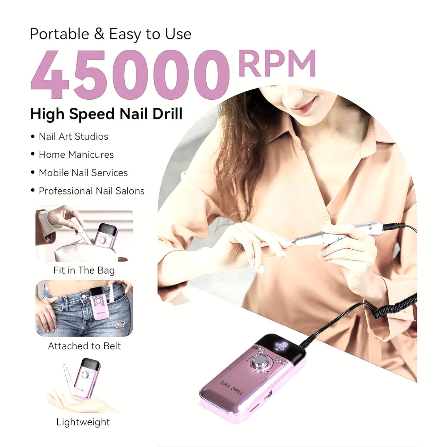 IDFINE Electric Nail Drill Professional 45000RPM, Rechargeable Nail Drill Kit Portable Electric Nail File for Acrylic Nails Gel Polishing Removing Nail Drill Machine for Manicure Salon Home
