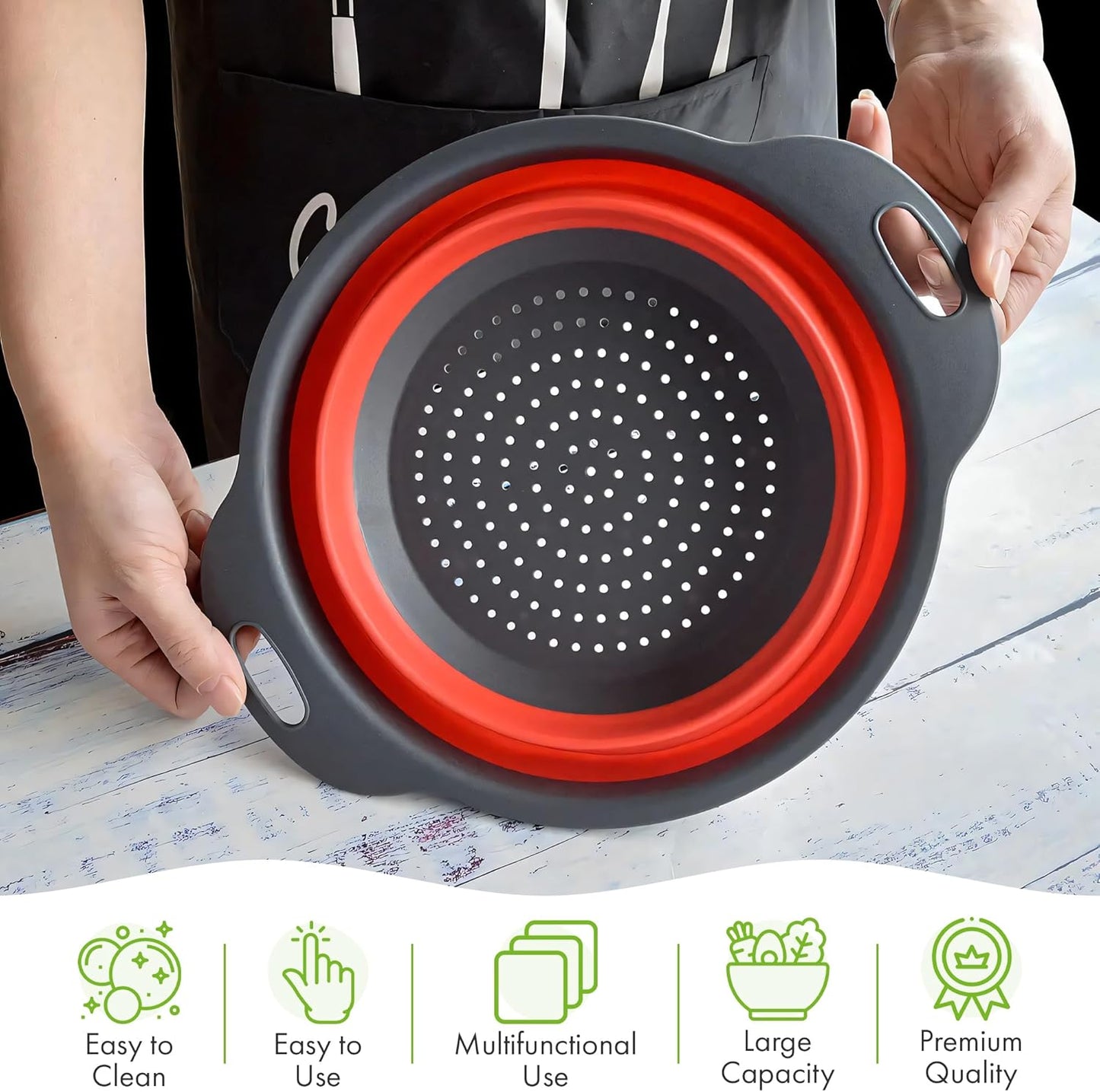 LVL Collapsible Colander Set of 3 Round Silicone Kitchen Strainer Set - 2 pcs 4 Quart and 1 pcs 2 Quart- Perfect for Draining Pasta, Vegetable and fruit (green,blue, purple)