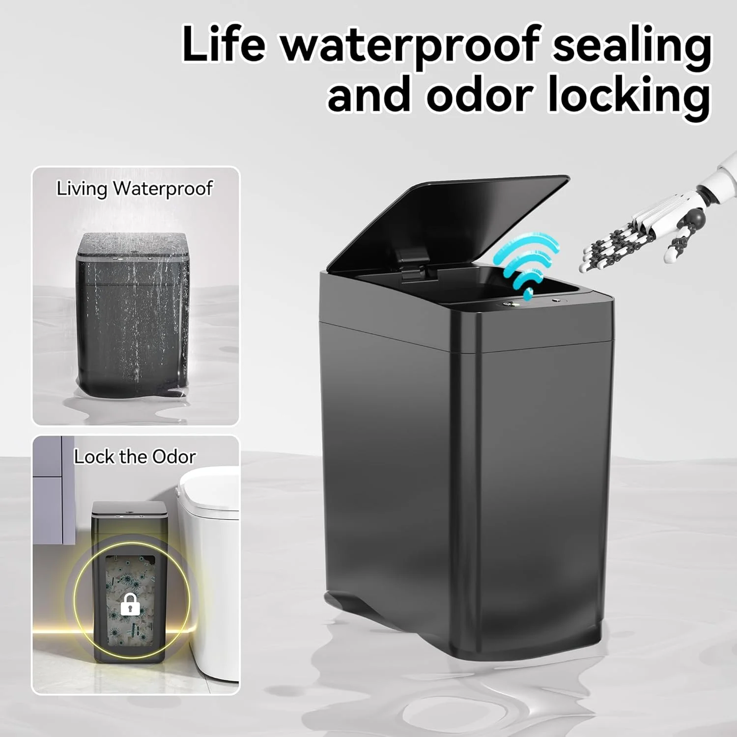 IRINNA Bathroom Small Trash Can with Lid, 2.6 Gallon Touchless Automatic Garbage Can Slim Waterproof Motion Sensor Smart Trash Bin for Bedroom, Office, Kitchen, Living Room (Black)