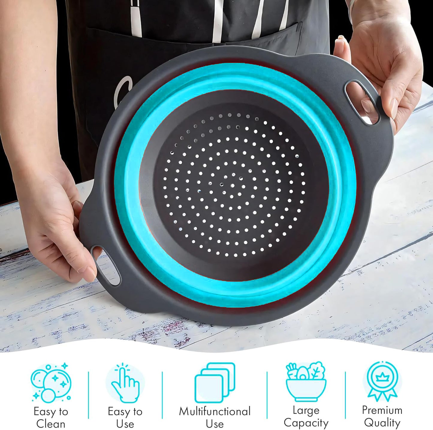 LVL Collapsible Colander Set of 3 Round Silicone Kitchen Strainer Set - 2 pcs 4 Quart and 1 pcs 2 Quart- Perfect for Draining Pasta, Vegetable and fruit (blue)