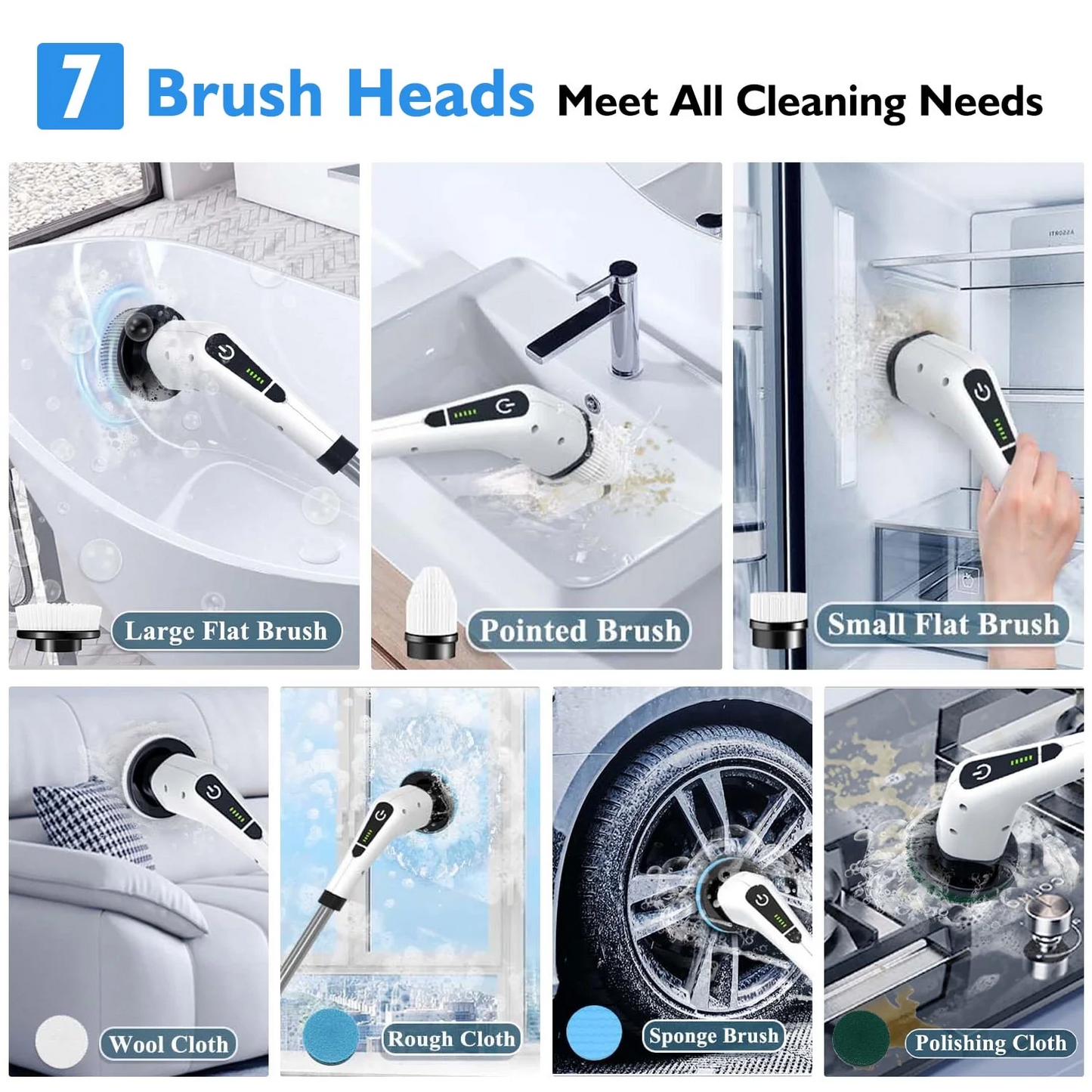 Electric Spin Scrubber,Cordless Cleaning Brush,Shower Cleaning Brush with 8 Replaceable Brush Heads, Power Scrubber Adjustable Speeds,Adjustable & Detachable Long Handle,Black