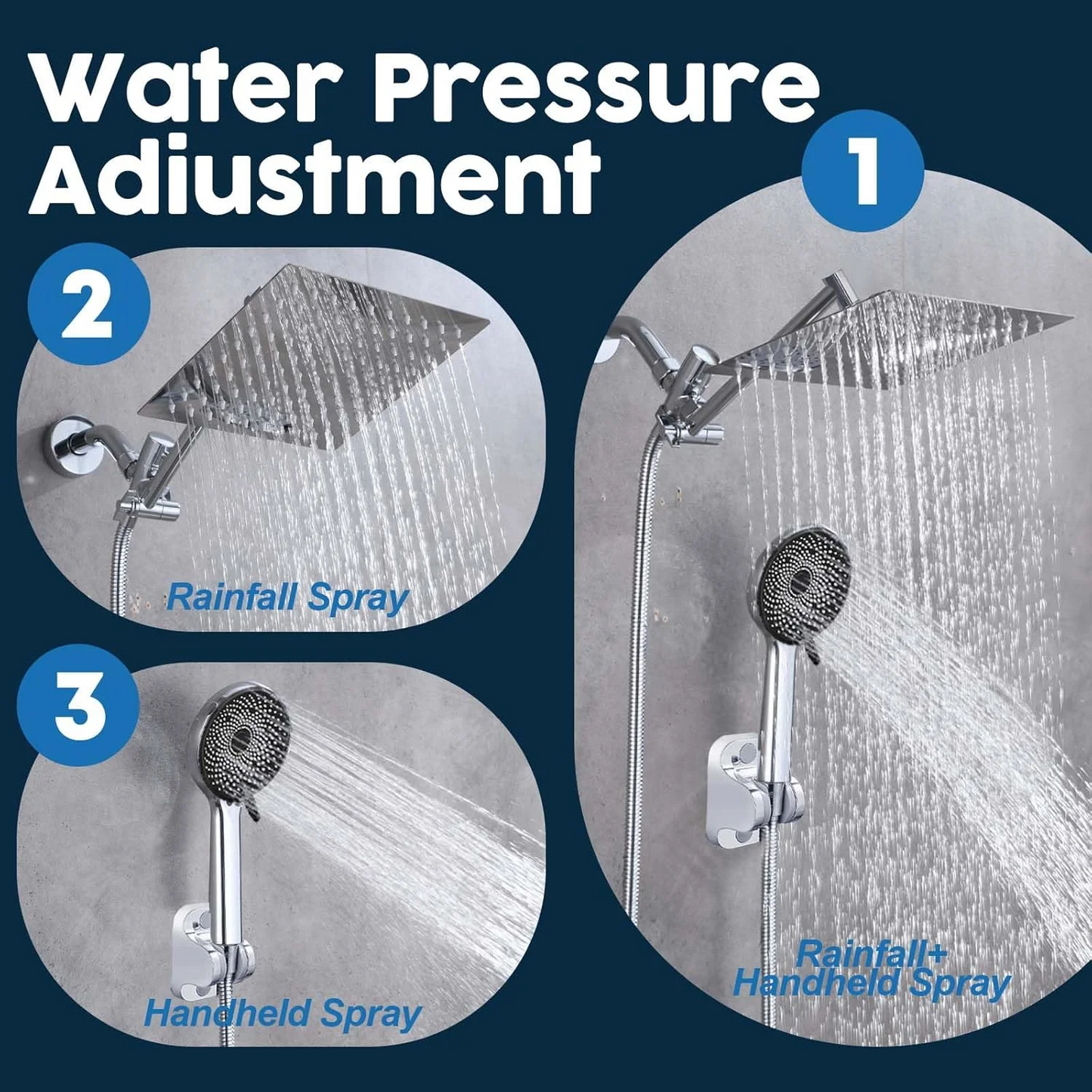 Shower Head Combo,13 Inch High Pressure Rain Shower Head with Adjustable Arm and 3 Settings Handheld ,Powerful Shower Spray Against Low Pressure Water with Long Hose