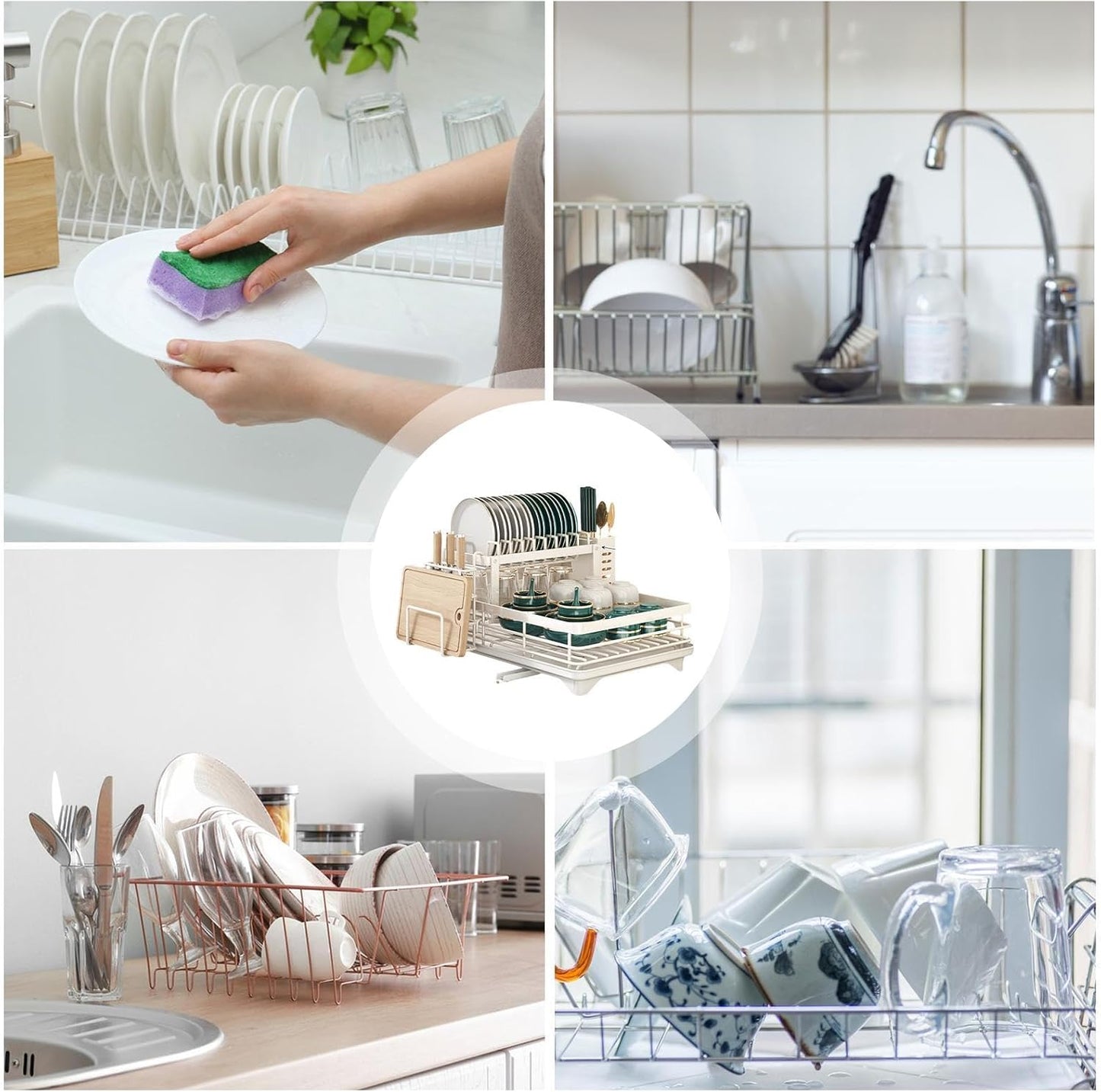 Dish Drying Rack- Space-Saving Dish Rack, Dish Racks for Kitchen Counter, Stainless Steel Kitchen Drying Rack with a Cutlery Holder,12''W x 17''L, White