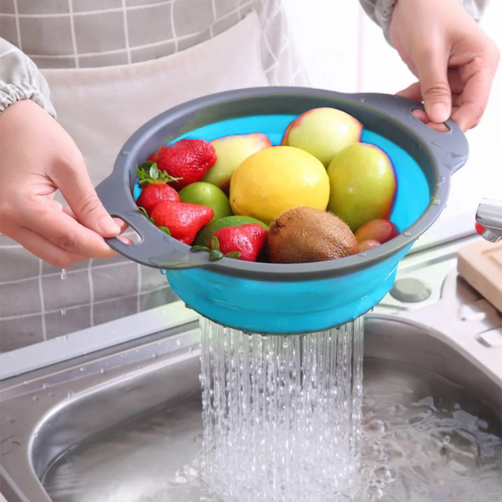 LVL Collapsible Colander Set of 3 Round Silicone Kitchen Strainer Set - 2 pcs 4 Quart and 1 pcs 2 Quart- Perfect for Draining Pasta, Vegetable and fruit (blue)