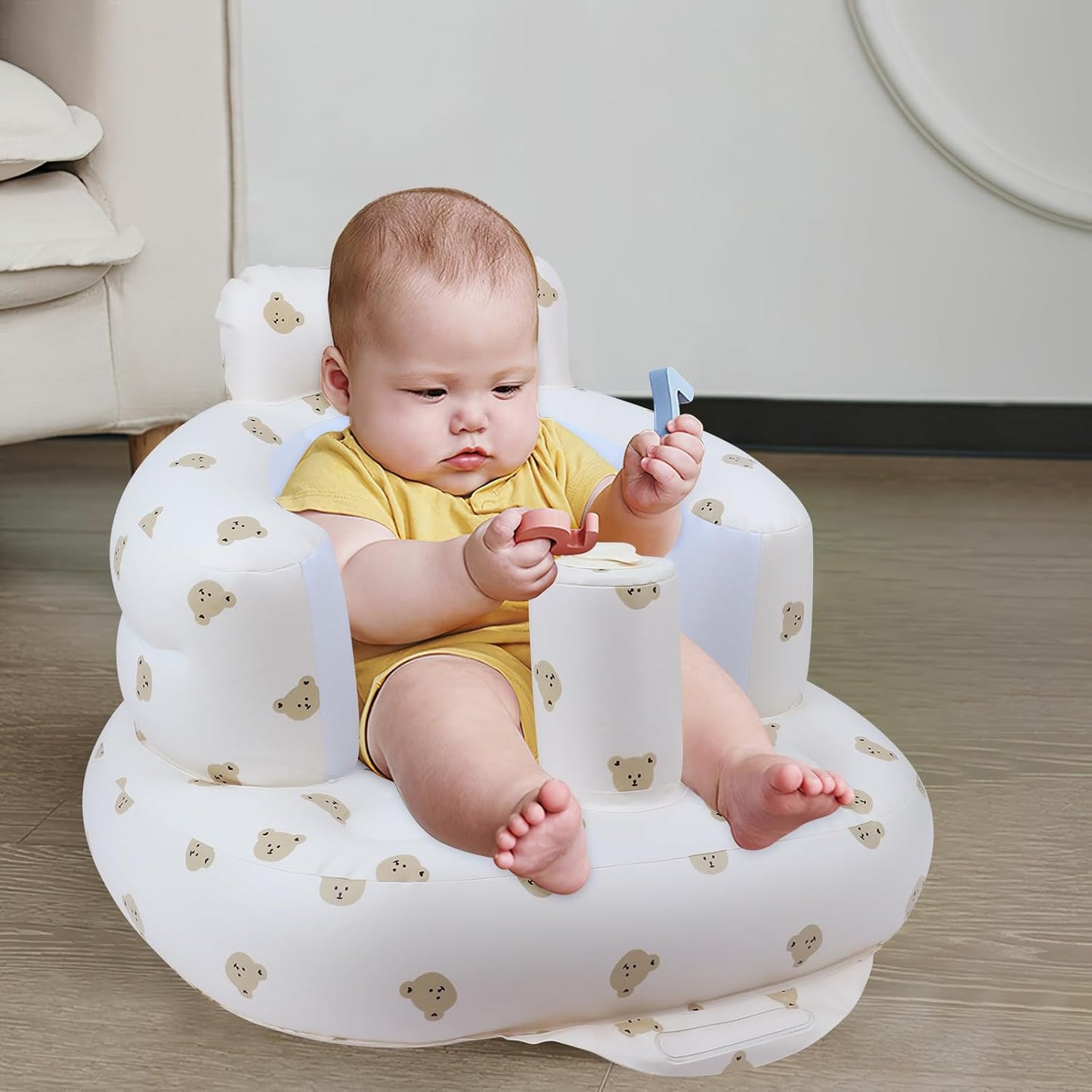 Baby Inflatable Seat for Babies 3 Months & Up, Baby Floor Seats for Sitting Up with Built in Air Pump, Blow Up Baby Chair for Infants - Bear Head