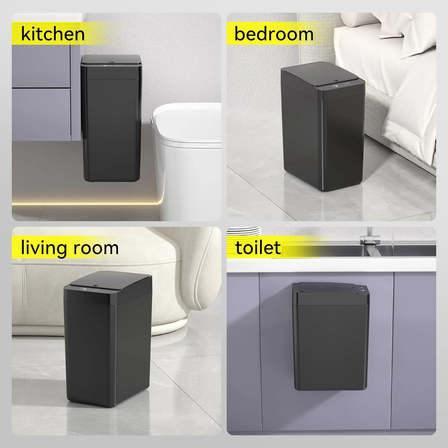 IRINNA Bathroom Small Trash Can with Lid, 2.6 Gallon Touchless Automatic Garbage Can Slim Waterproof Motion Sensor Smart Trash Bin for Bedroom, Office, Kitchen, Living Room (Black)
