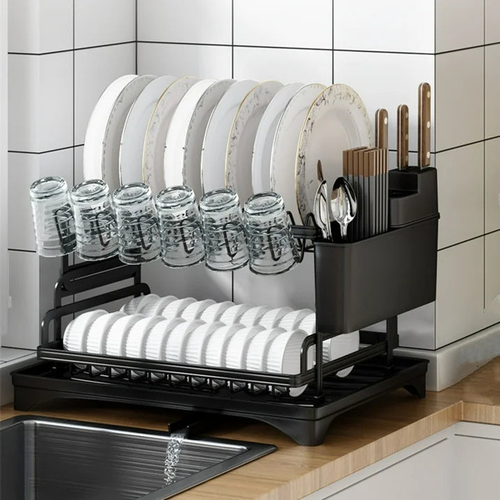 Dish Drying Rack - Stainless Steel Dish Rack for Kitchen Counter, 2-Tier Kitchen Organizers and Storage Rack with Drainboard and Cutlery Holder, Large, Black