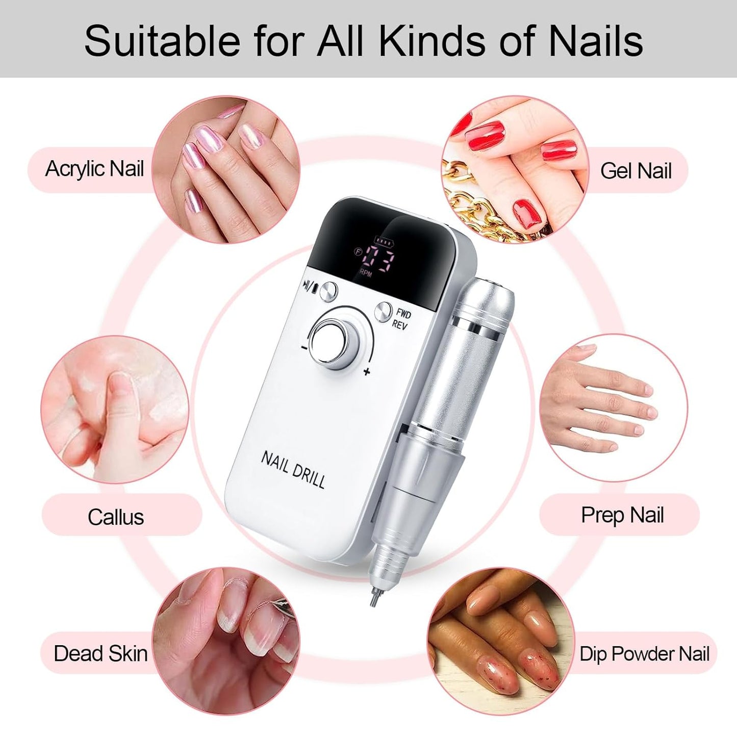 IDFINE Electric Nail Drill Professional 45000RPM, Rechargeable Nail Drill Kit Portable Electric Nail File for Acrylic Nails Gel Polishing Removing Nail Drill Machine for Manicure Salon Home, White