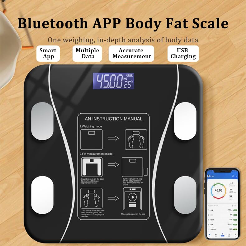 Digital Bathroom Scales Smart Body Fitness Compositions Health Analyzer,13 Body Composition Analyzer Sync Weight Scale BMI Health Monitor Sync Apps - Black
