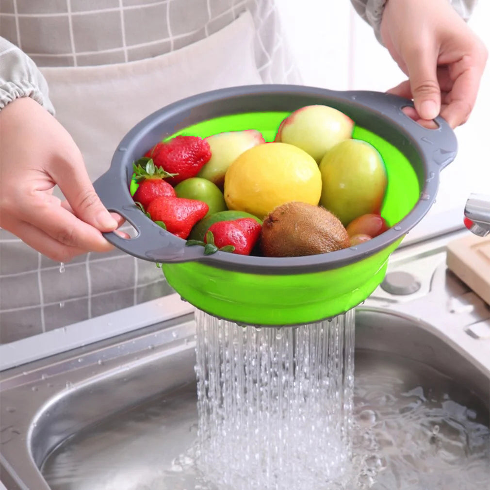 LVL Collapsible Colander Set of 3 Round Silicone Kitchen Strainer Set - 2 pcs 4 Quart and 1 pcs 2 Quart- Perfect for Draining Pasta, Vegetable and fruit (green)