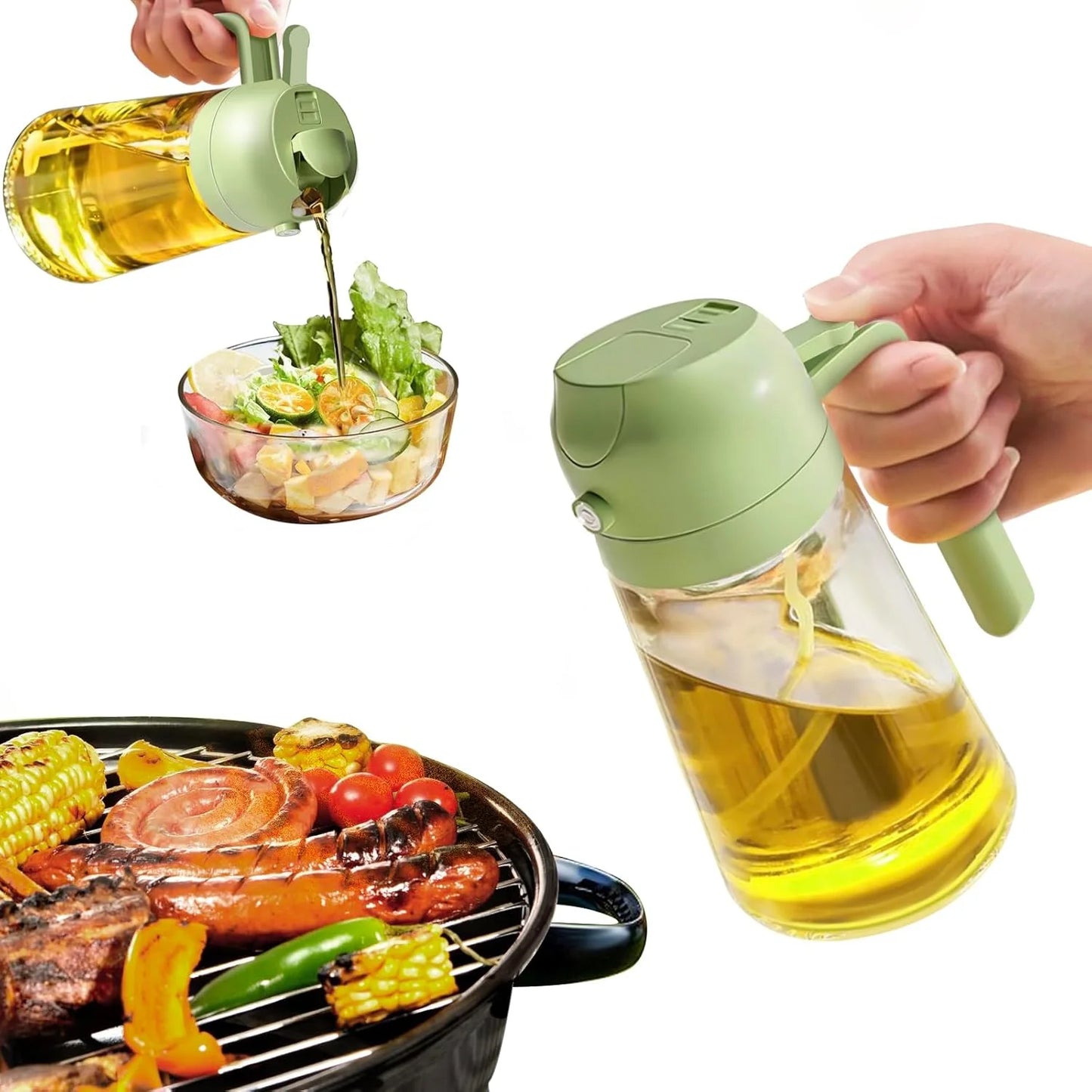Olive Oil Dispenser Bottle for Kitchen,2 in 1 Oil Sprayer for Cooking, 18oz/600ml Glass Oil Spray Bottle with Pourer, Food-grade Oil Mister for Air Fryer, Salad, Frying, BBQ (2PCSGreen)