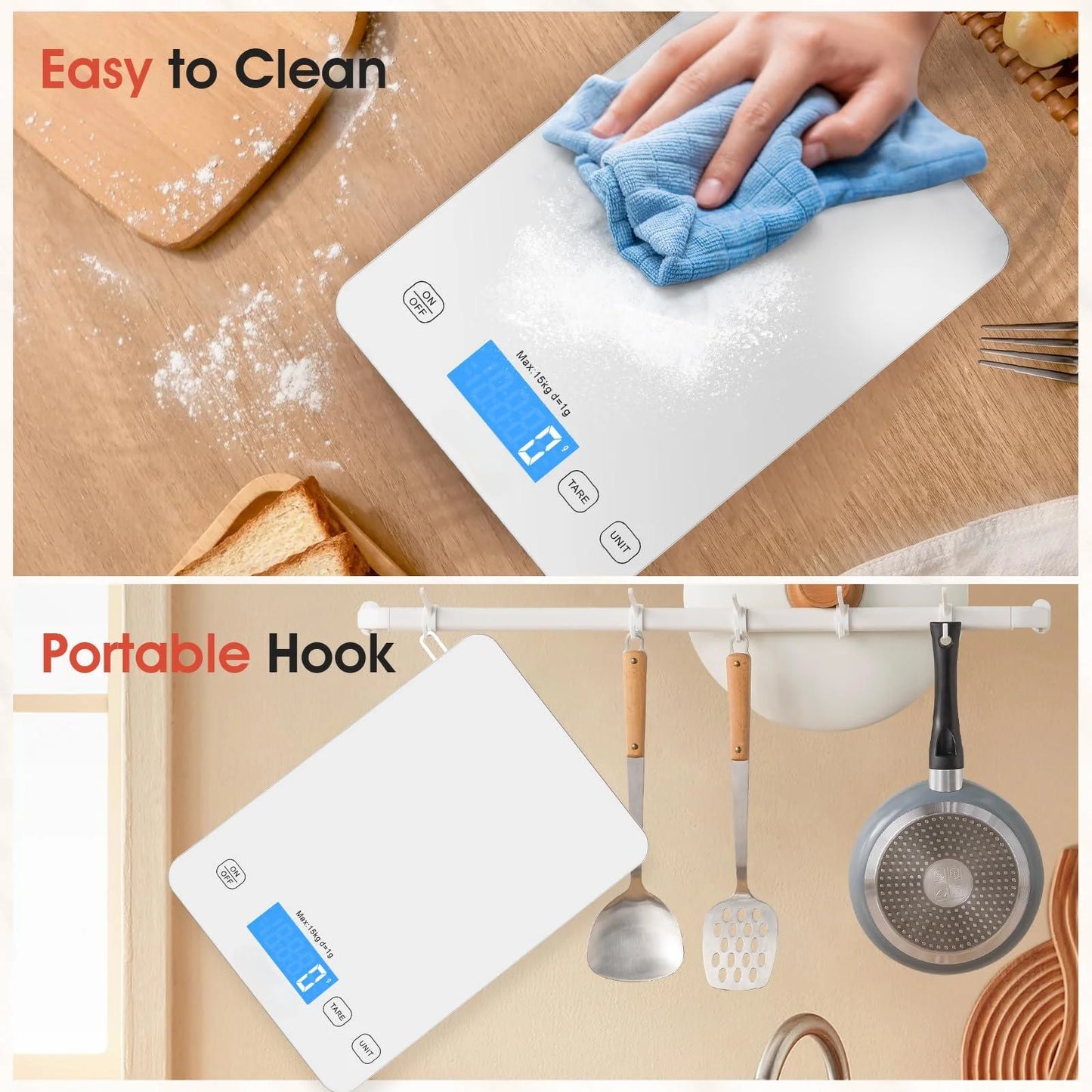 LVL Food Scale, 22lb Digital Kitchen Scale Weight Grams and oz for Cooking Baking, 1g/0.1oz Precise Graduation, Stainless Steel and Tempered Glass (White)