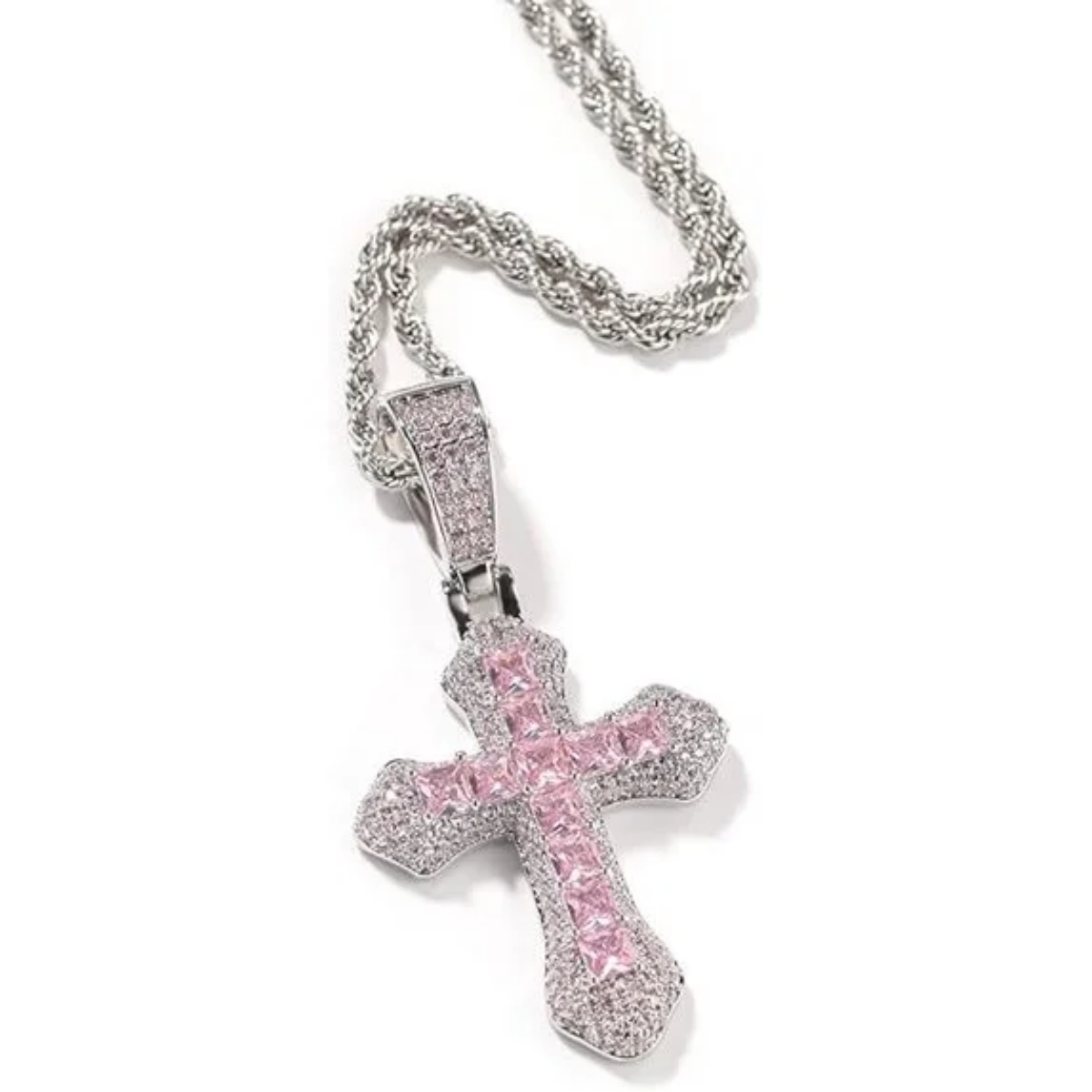 EHIW Crystal Cross Pendant Necklace, Pink Zircon Stones, Silver Chain, 24 Inches