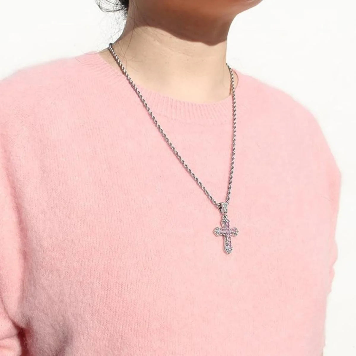 EHIW Crystal Cross Pendant Necklace, Pink Zircon Stones, Silver Chain, 24 Inches