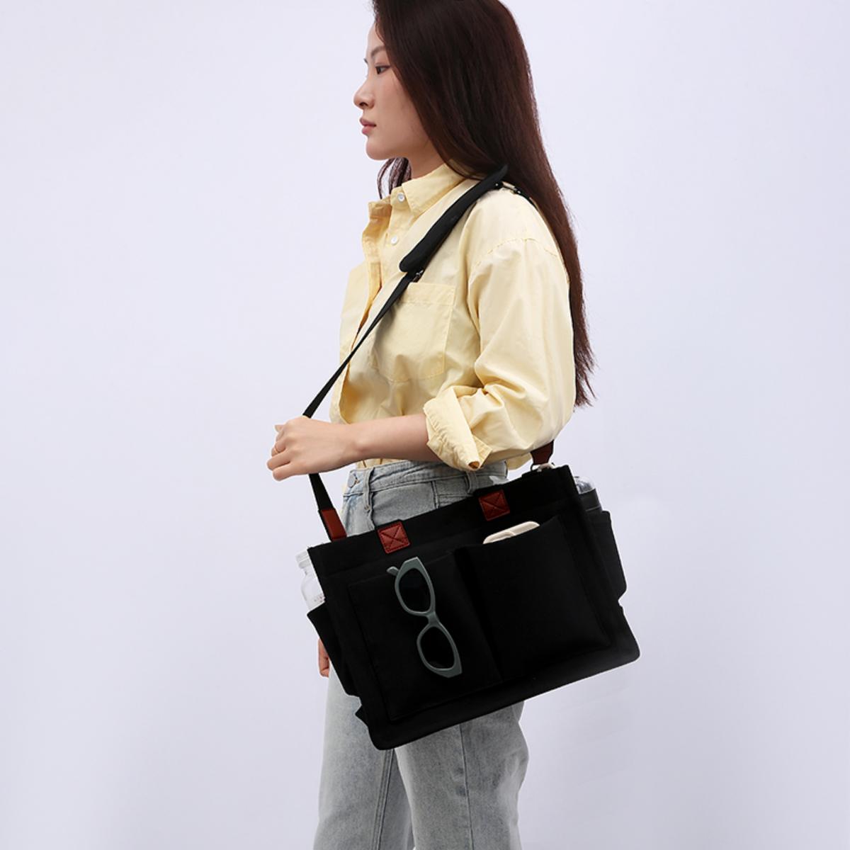 EHIW Tote Bag for Women With Compartments,Large Canvas Tote Women's Purse Crossbody Bags Work Laptop Book Bag Satchels Handbags,Black