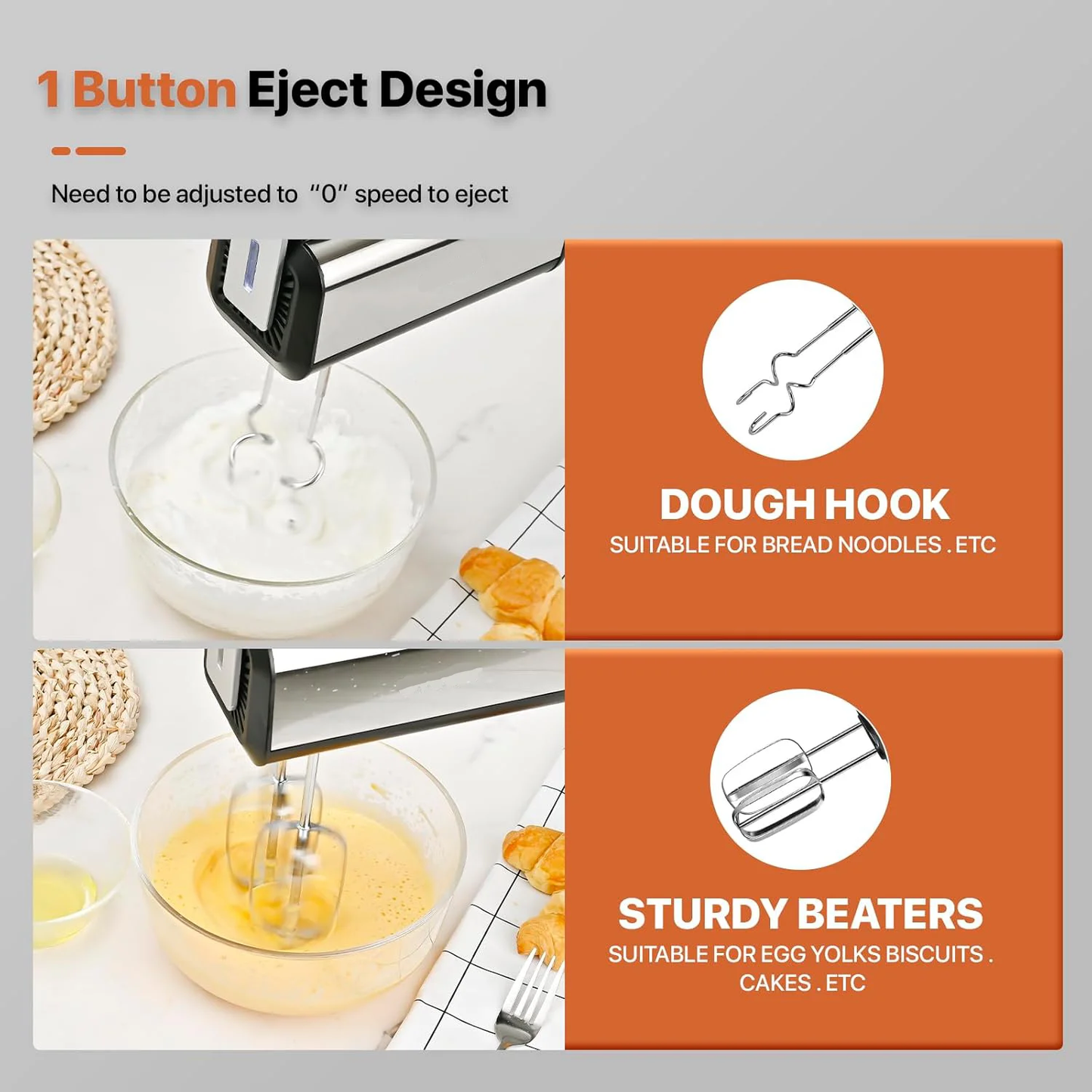 5-Speed Electric Hand Mixer with Whisk, Traditional Beaters, Dough stick, 300 Watts, for Baking & Cooking, Black