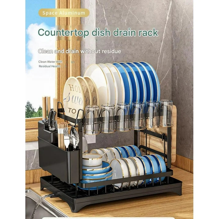 Dish Drying Rack - Stainless Steel Dish Rack for Kitchen Counter, 2-Tier Kitchen Organizers and Storage Rack with Drainboard and Cutlery Holder, Large, Black