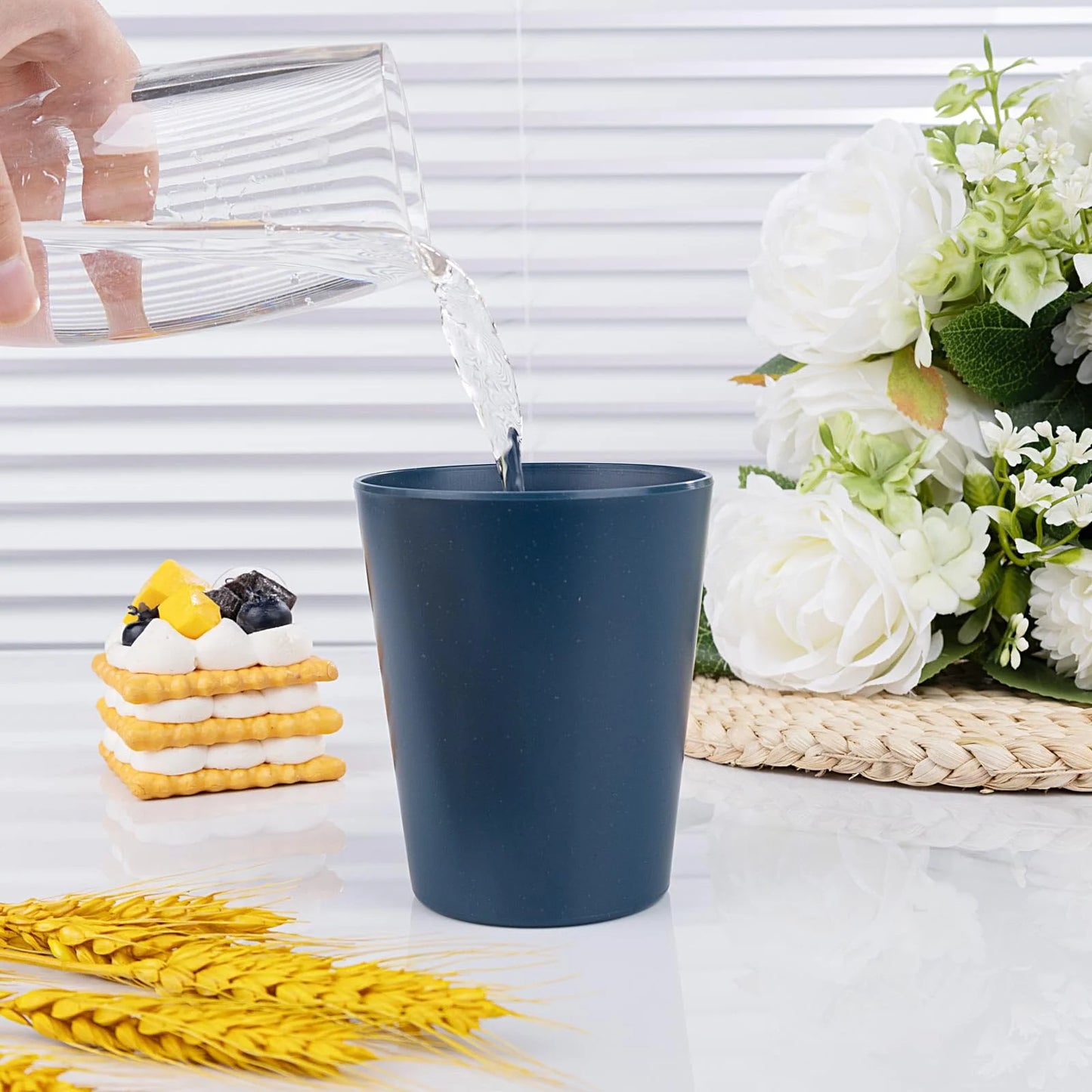 LVL Wheat Straw Dinnerware, Microwave Dishwasher Safe, Unbreakable Light Weight Plates Service For 8, Reusable Tableware Set, Multicolor Set 16pcs Plates, 8pcs Bowls, 8pcs Cups- Black