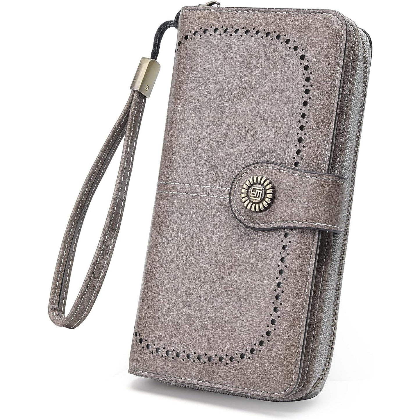 EHIW Wallets for Women Leather Credit Card Holder with RFID Blocking Large Capacity Wristlet , Gray