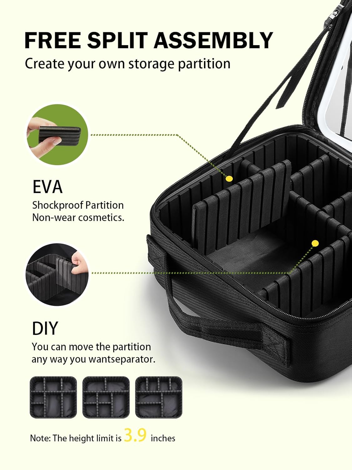 IDFINE Travel Makeup Bag With LED Mirror, Cosmetic Train Case with Light up Mirror, Portable Makeup Artist Organizer Bag with Adjustable Dividers, Makeup Brush Holder Storage, Black