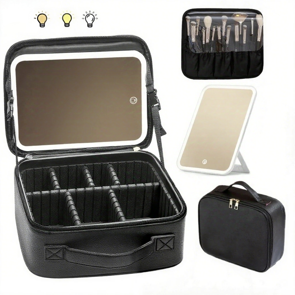 IDFINE Travel Makeup Bag With LED Mirror, Cosmetic Train Case with Light up Mirror, Portable Makeup Artist Organizer Bag with Adjustable Dividers, Makeup Brush Holder Storage, Black