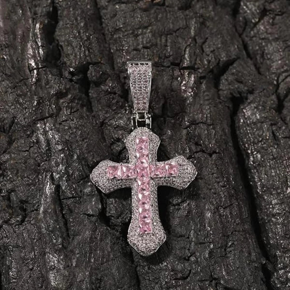 EHIW Crystal Cross Pendant Necklace, Pink Zircon Stones, Silver Chain, 24 Inches