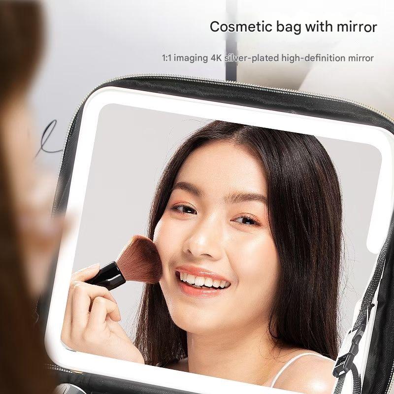 IDFINE Travel Makeup Bag With LED Mirror, Cosmetic Train Case with Light up Mirror, Portable Makeup Artist Organizer Bag with Adjustable Dividers, Makeup Brush Holder Storage, Black