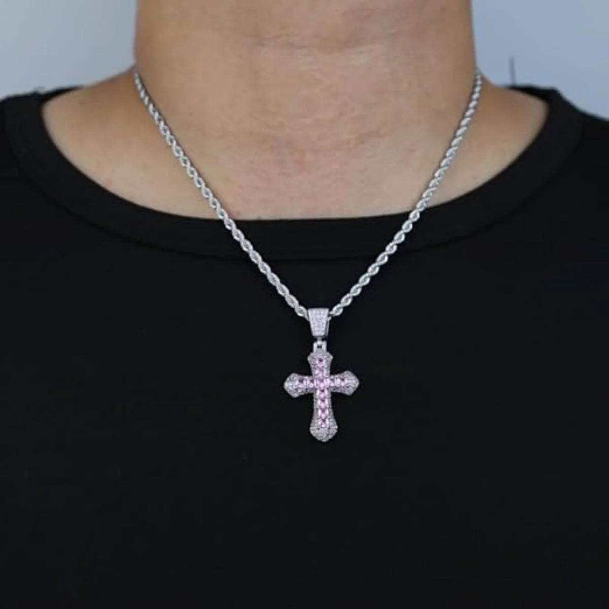EHIW Crystal Cross Pendant Necklace, Pink Zircon Stones, Silver Chain, 24 Inches