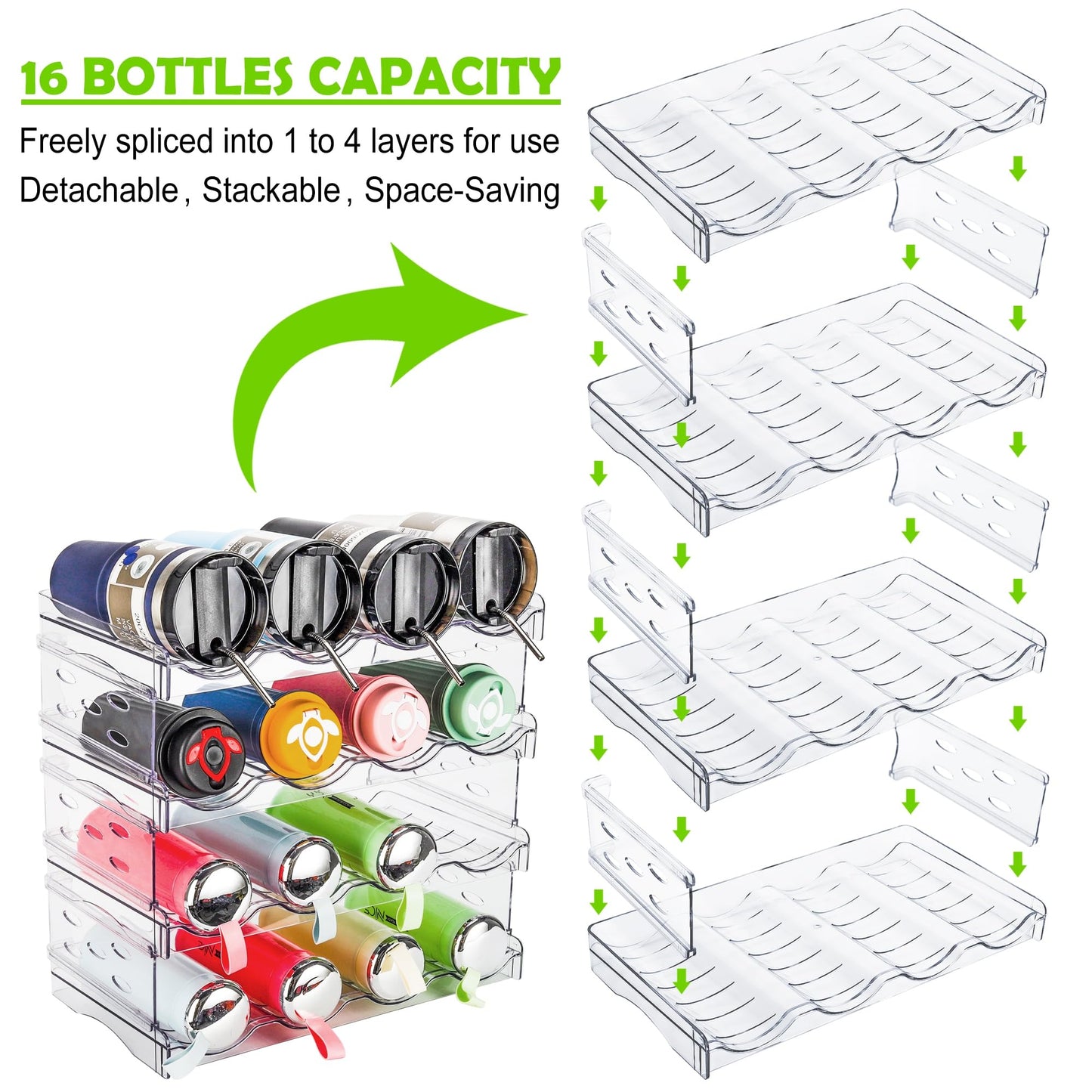 IRINNA Water Bottle Organizer, Stackable Plastic Bottle Holder for Cabinet,Storage Rack,Kitchen Pantry, Fridge, Cup Holder for Wine -4 Pack, Hold 16 Containers