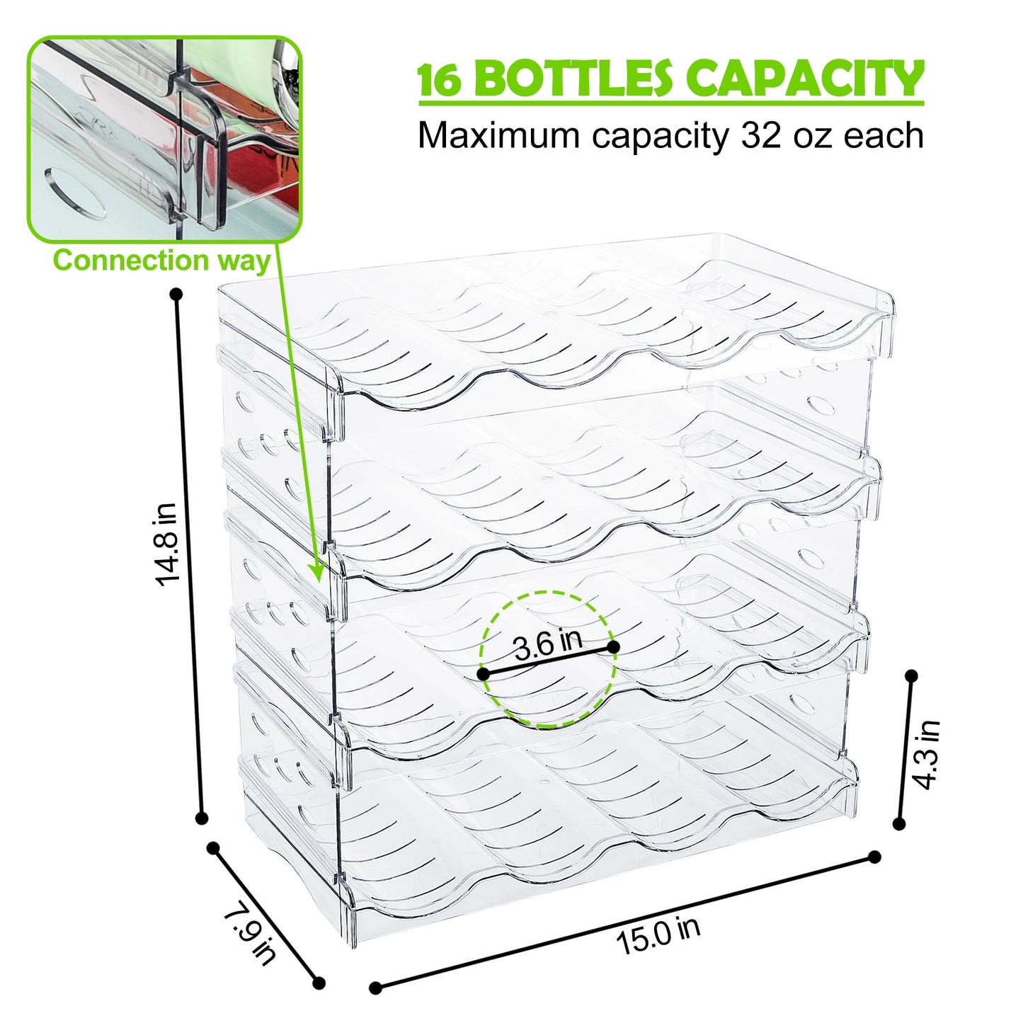 IRINNA Water Bottle Organizer, Stackable Plastic Bottle Holder for Cabinet,Storage Rack,Kitchen Pantry, Fridge, Cup Holder for Wine -4 Pack, Hold 16 Containers