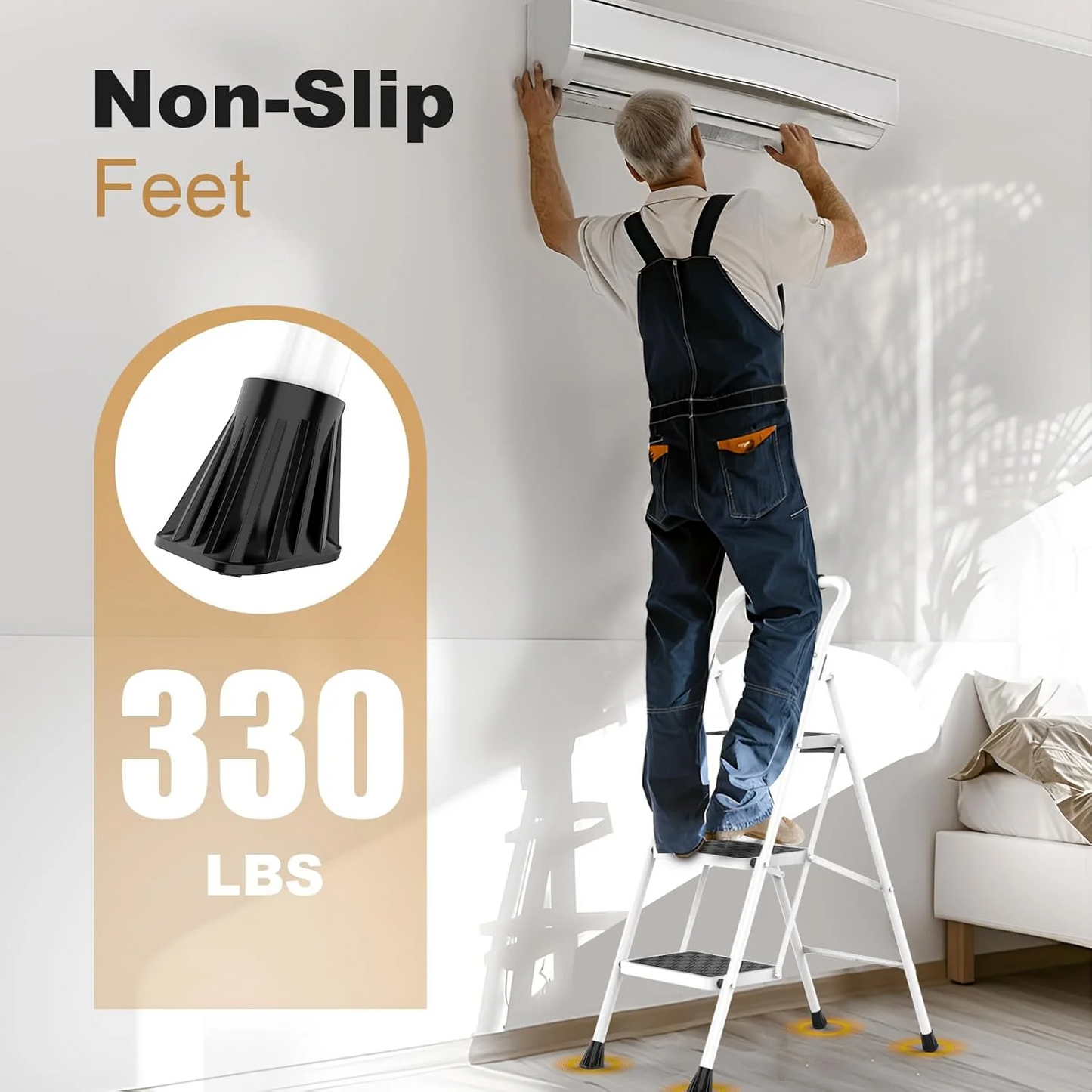 3 Step Ladder, ODEB Folding Step Stool with Wide Anti-Slip Pedal, 330lbs Sturdy Steel Ladder, Convenient Handgrip, Lightweight, Portable Steel Step Stool