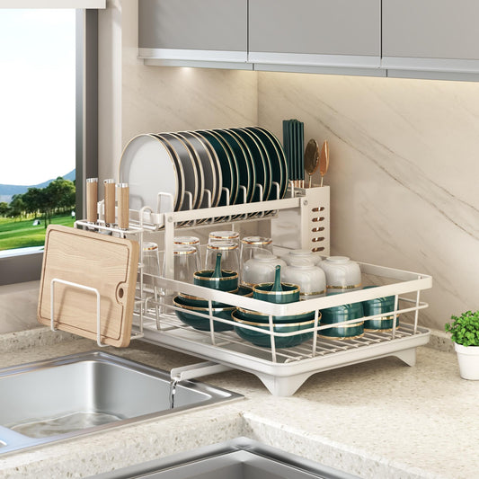 Dish Drying Rack- Space-Saving Dish Rack, Dish Racks for Kitchen Counter, Stainless Steel Kitchen Drying Rack with a Cutlery Holder,12''W x 17''L, White