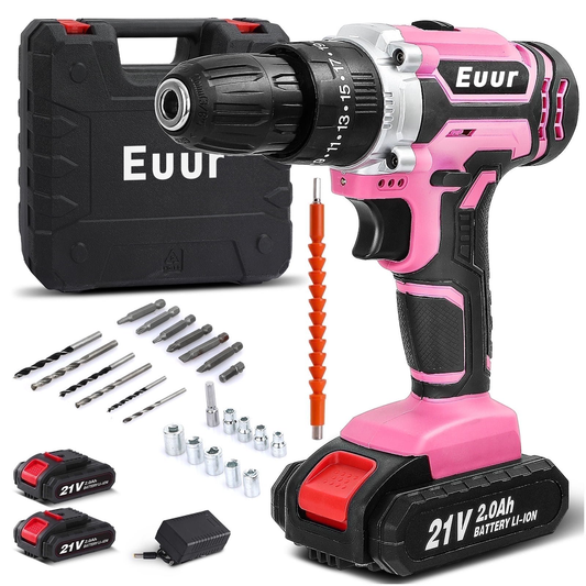 Cordless Drill, 21V Power Drill Set with 2Ah Battery, 3/8"Keyless Chuck, 25+1 Position Electric Drill, 2-Speed Transmission For Screwdriving And Drilling, Pink