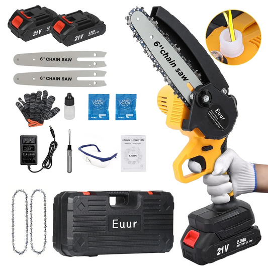 Euur 6 inch Mini Chainsaw with 2x21V 2000mAh Batteries and 2 Chains, Electric Cordless Chainsaw Set with Security Lock for Wood Cutting Tree Pruning Trimming, Yellow