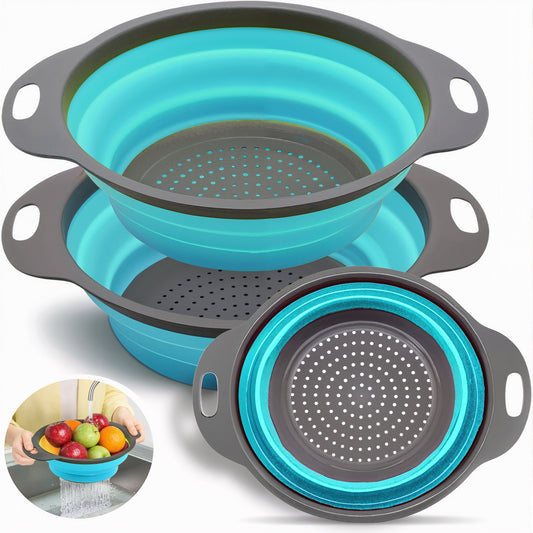 LVL Collapsible Colander Set of 3 Round Silicone Kitchen Strainer Set - 2 pcs 4 Quart and 1 pcs 2 Quart- Perfect for Draining Pasta, Vegetable and fruit (blue)