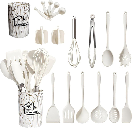 18PCS Silicone Cooking Utensils Set - 446°F Heat Resistant Kitchen Utensils,Turner Tongs,Spatula,Spoon,Brush,Whisk,Kitchen Utensil Gadgets Tools Set for Nonstick Cookware,Dishwasher Safe - White