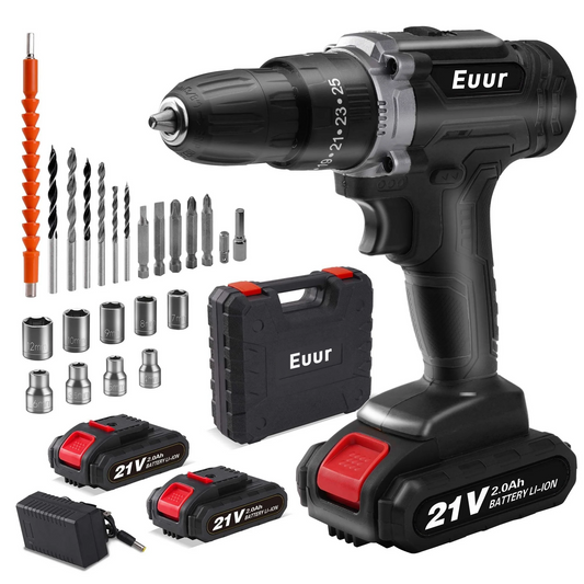 Euur Cordless Drill, 21V Power Drill Set, 25+1 Position Adjustable Torque Electric Drill, 2-Speed Transmission For Screwdriving And Drilling, Black