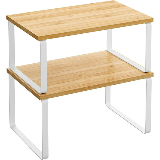 Cabinet Organizer Shelf, Set of 2 Kitchen Counter Shelves, Kitchen Storage, Spice Rack, Stackable, Expandable, Metal and Engineered Wood, Cloud White and Natural Beige-White