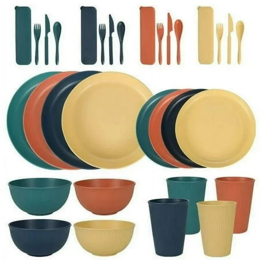 Unbreakable Wheat Straw Set - Microwave and Dishwasher Safe Soup and Salad Bowls, 32-Piece Set, BPA Free, Multicolor