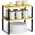 Cabinet Shelf Organizer, Extendable Countertop Shelves Set of 2, Kitchen Spice Racks, Stackable, Storage Racks for Cupboard, Sink, Pantry, Bathroom, Natural, Metal-Black