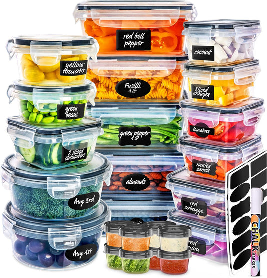 50 Pcs Food Storage Containers with Lids Airtight, Plastic Meal Prep Container for Pantry & Kitchen Organization, BPA-Free, Leak-Proof with Labels & Marker Pen