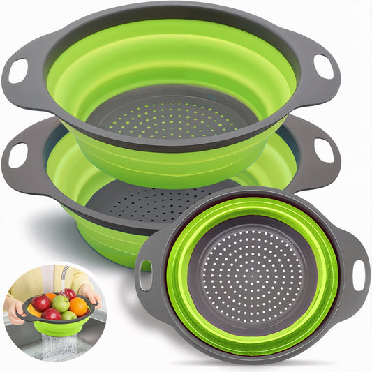 LVL Collapsible Colander Set of 3 Round Silicone Kitchen Strainer Set - 2 pcs 4 Quart and 1 pcs 2 Quart- Perfect for Draining Pasta, Vegetable and fruit (green)