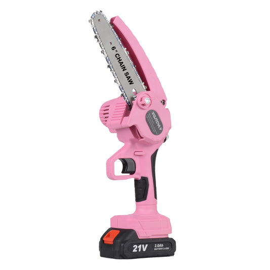 Euur 6 inch Mini Chainsaw with 2x21V 2000mAh Batteries and 2 Chains, Electric Cordless Chainsaw Set with Security Lock for Wood Cutting Tree Pruning Trimming,Pink
