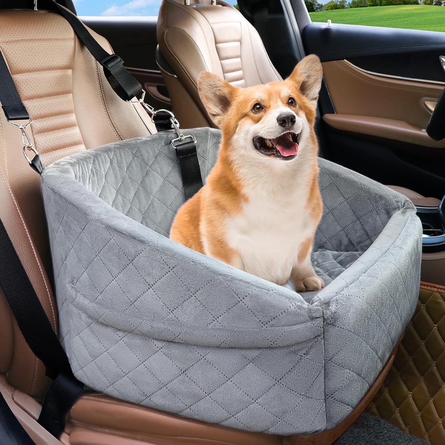 Dog Car Seat for Small Medium Dogs,Detachable Washable Dog Booster Seat Under 30lbs, Pet Car Seat Travel Bed with Storage Pockets and Dog Safety Belt (Grey)