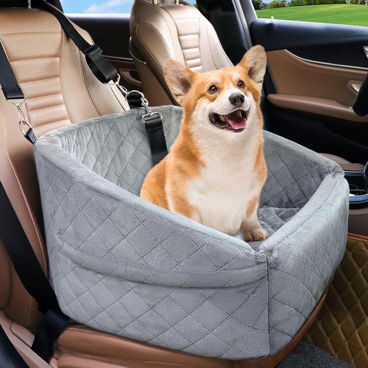 Dog Car Seat for Small Medium Dogs,Detachable Washable Dog Booster Seat Under 30lbs, Pet Car Seat Travel Bed with Storage Pockets and Dog Safety Belt (Grey)
