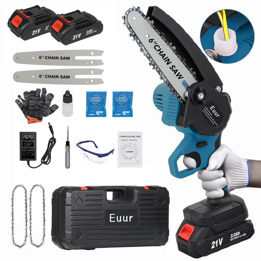 6 inch Mini Chainsaw with 2x2000mAh Batteries and 2 Chains, Electric Cordless Chainsaw Set with Security Lock for Wood Cutting Tree Pruning Trimming, Blue