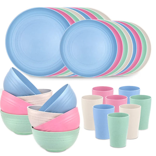 LVL Wheat Straw Dinnerware, Microwave Dishwasher Safe, Unbreakable Light Weight Plates Service For 8, Reusable Tableware Set, Multicolor Set 16pcs Plates, 8pcs Bowls, 8pcs Cups- Multi Color